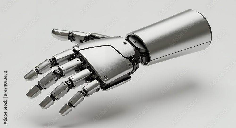 Poster futuristic robotic hand extending forward, showcasing advanced technology, precision engineering, an