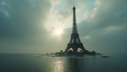 The iconic tower of a dreamlike city rises majestically from the mist shrouded waters, a symbol of innovation and beauty against the clouded sky in the distance