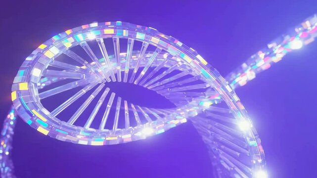 幻想的な紫宙に煌めくDNA螺旋構造が放つ、未来生命科学と芸術の神秘的躍動美と融合する軌跡｜奇跡の瞬間