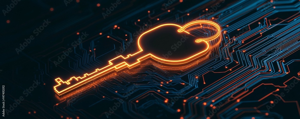 Poster digital key on a circuit board, symbolizing cybersecurity and technology. digital literacy privacy c
