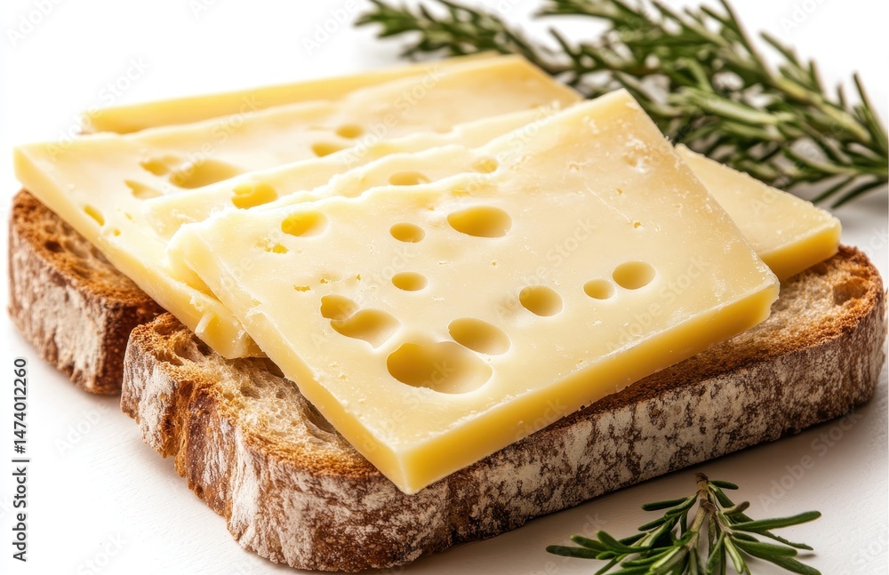 Poster delicious slices of cheese on toasted bread with aromatic herbs creating a mouthwatering and rustic 