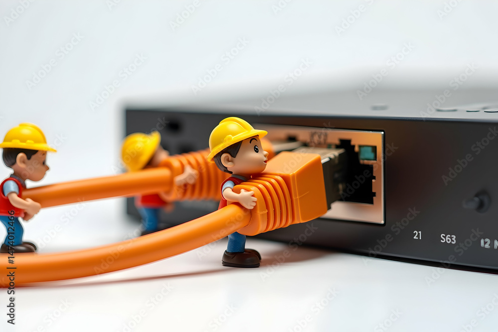 Poster toy technicians installing fiber optic cable in a studio macro scene, demonstrating teamwork, infras