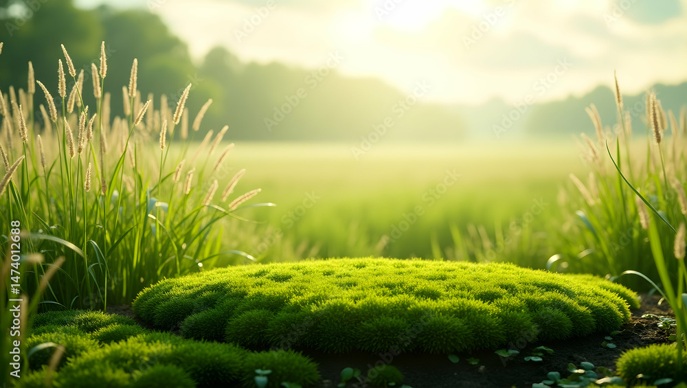 Aufkleber tranquil green meadow landscape with soft light filtering through the grass, creating a serene and p