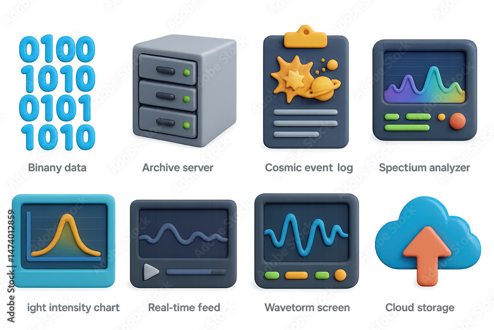 Poster data analysis 3d icons set – binary, server, tech symbols for big data projects