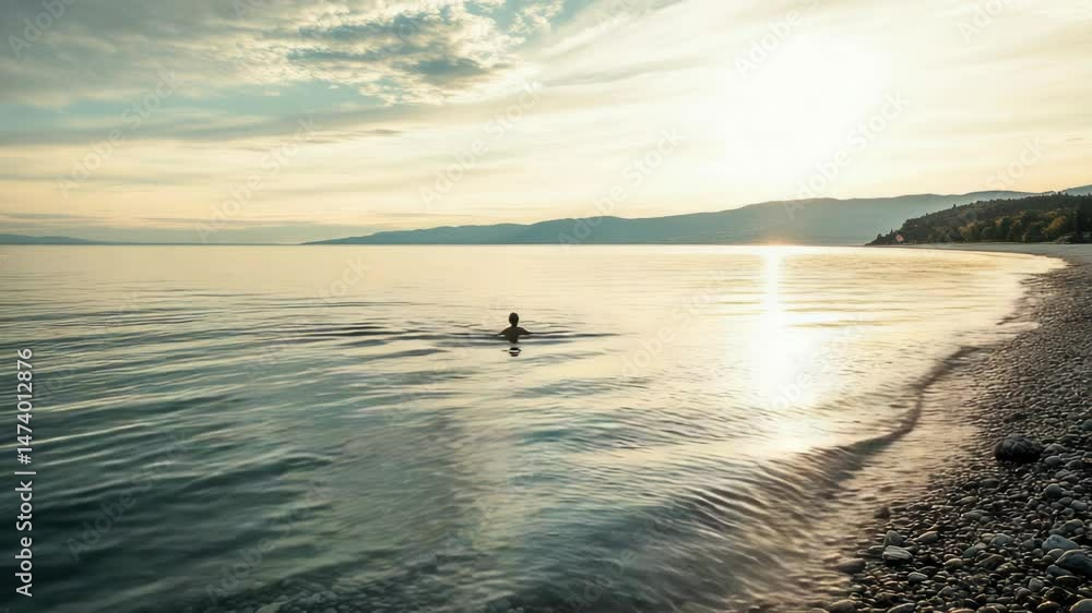 Poster a person riding a surfboard on the surface of the water, possibly in a calm or ocean-like environmen