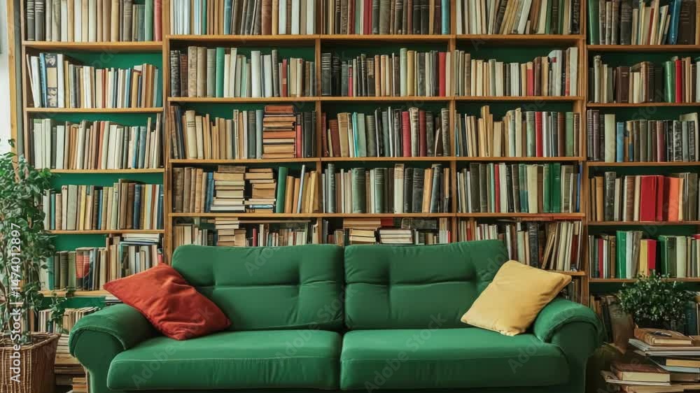 Poster a comfortable green couch placed in front of a wooden bookshelf, perfect for reading or relaxing