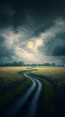 Moonlit Country Road with Night Field.