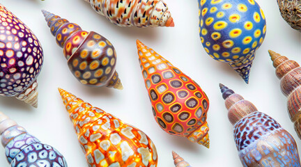 Various cone snail shells,arranged on a white background, natural light, vibrant patterns, realistic, shell collection, museum display, macro photography