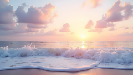 Tranquil Seascape at Sunset, Soft Feathery Clouds Reflecting Warm Light Over Gentle Waves, Creating a Serene and Peaceful Atmosphere at the Coast
