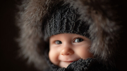 An infant wearing a winter hat smiles warmly, showcasing bright eyes, knitted woolens, radiating...