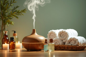 Tranquil spa retreat featuring essential oil diffuser, soft towels, and aromatic candles promoting wellness, relaxation, and a serene atmosphere for self care