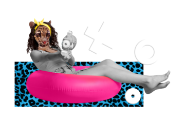 Creative 3d graphics collage of funky lady tiger instead head swimming air circle isolated teal turquoise color background