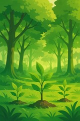 Obraz premium Vibrant illustration of a lush green forest with young saplings growing beneath towering trees