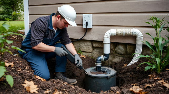 Technician repairing septic system under house, focused and diligent