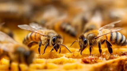 A group of bees are gathered around a waffle, each one taking a bite