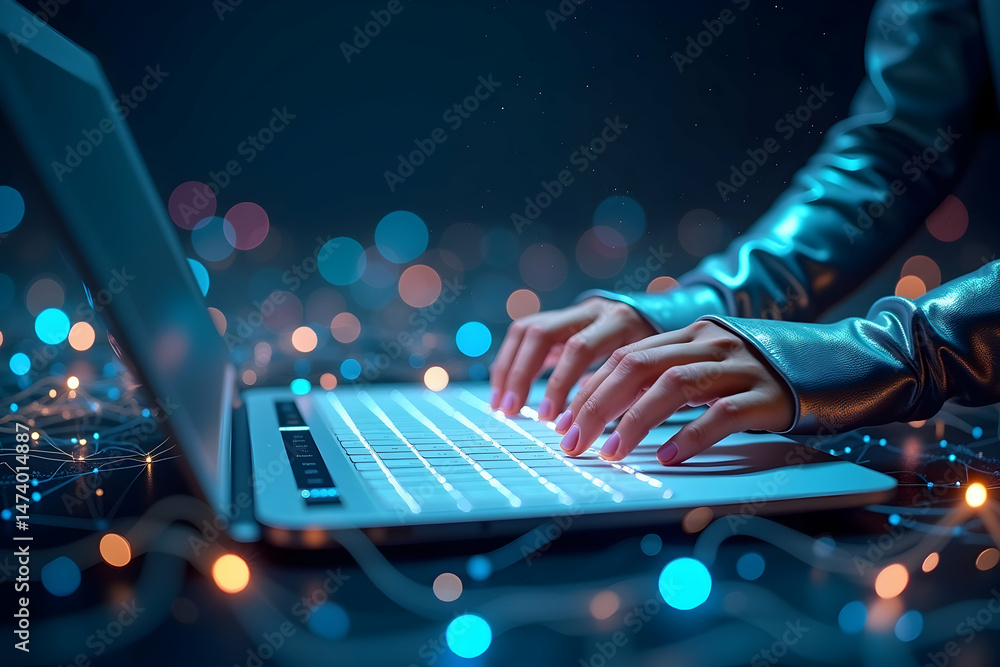 Poster typing on a laptop with data streams, conceptualizing future technologies and digital connectivity i