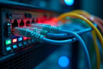 Ultrahigh Resolution Close-up of Network Cables and Server Equipment Highlighting Connectivity and Data Flow in Modern Technology Infrastructure Environment
