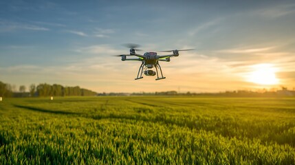 Fototapeta premium A drone is flying over a field of green grass. The sky is clear and the sun is setting