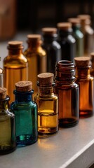 Serene essential oil bottles arranged on white surface