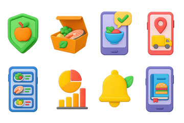 3D icon set of food delivery and nutrition tracking: healthy food delivery badge, personalized meal box icon, smart nutrition feedback, real-time delivery tracker, custom meal plan app, diet