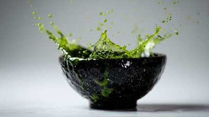 An upper-right black chawan unleashes vibrant matcha arcs mid-air, set against a pure white background.