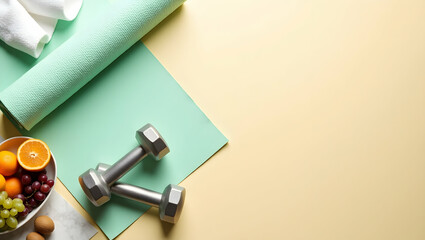 Vibrant and Harmonious Flat Lay Composition Featuring Fitness Equipment like Dumbbells and Yoga Mat with Healthy Fruits, Aspirational and Health-Focused