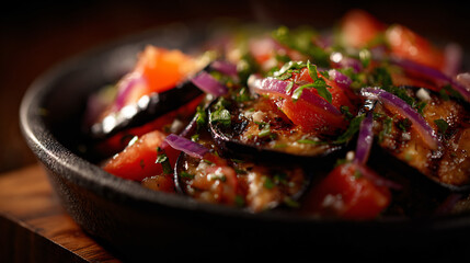 Delicious grill eggplant salad with tomatoes and red onion plant food dish, meal, side, bowling ball luncheon