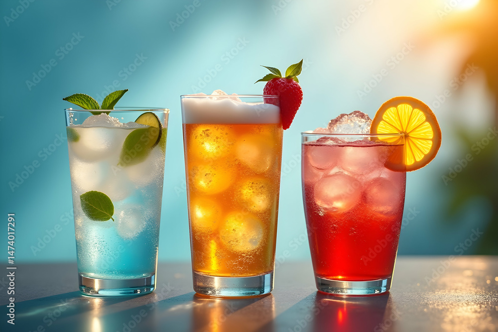 Poster vibrant array of three refreshing beverages, each distinctively colored and garnished, promising a d