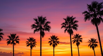 Silhouette of Palm Trees Against a Vivid Sunset Sky with Orange, Purple, and Yellow Hues, Capturing a Tropical Paradise Vibe and Summer Scenery