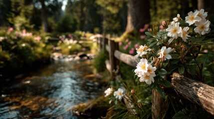 Wild roses growing along a rustic wooden fence beside a forest stream in warm golden light, perfect for rural garden visuals, outdoor wellness themes, and romantic nature branding