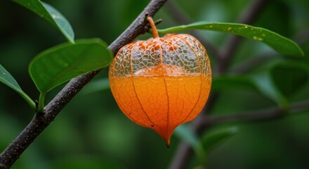 Closeup Of A Fruit Hanging On A Branch With Leaves