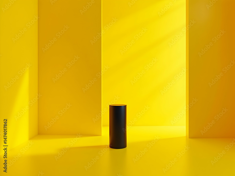 Poster vibrant canary yellow studio setup featuring a minimalist cylindrical form standing on a glossy floo