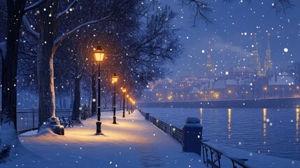 Snowy winter evening along a city walkway by a river.