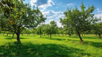 Fototapeta premium A sunny apple orchard with lush trees, green apples, and a serene atmosphere under a bright blue sky.