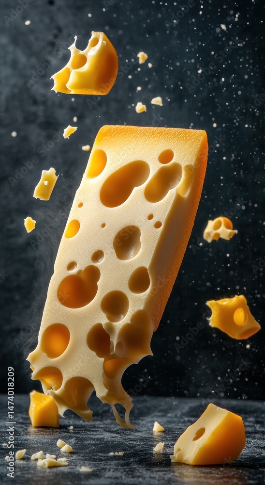 Poster delicious yellow cheese block with visible holes floating in the air surrounded by cheese crumbs on 