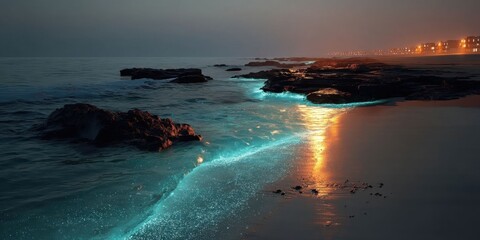 Obraz premium Surreal Bioluminescent Waves at Night