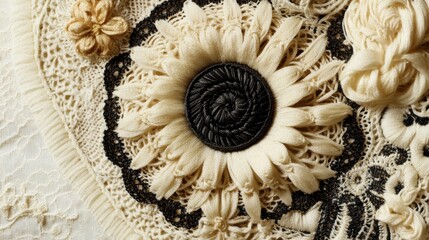 Intricate Handmade Embroidery of Floral Design in Cream and Black Colors for Craft Lovers