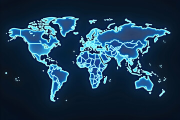 Fototapeta premium Vibrant Digital World Map with Electric Blue Outlines, A Vision of Global Connectivity and Technological Advancement for the Future