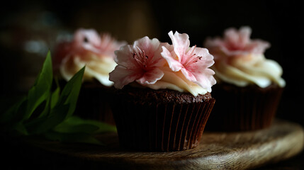 Delicious hot chocolate cupcakes grace with beautiful buttercream flowers a sweetened pinko treat.