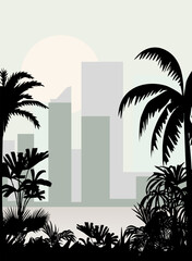 Colorful flat vector illustration of urban city skyline landscape in pastel tones on the background with palm trees and tropical plant silhouettes exotic frame border