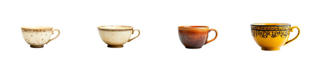 Set of diverse antique cups against black layout, cut out transparent