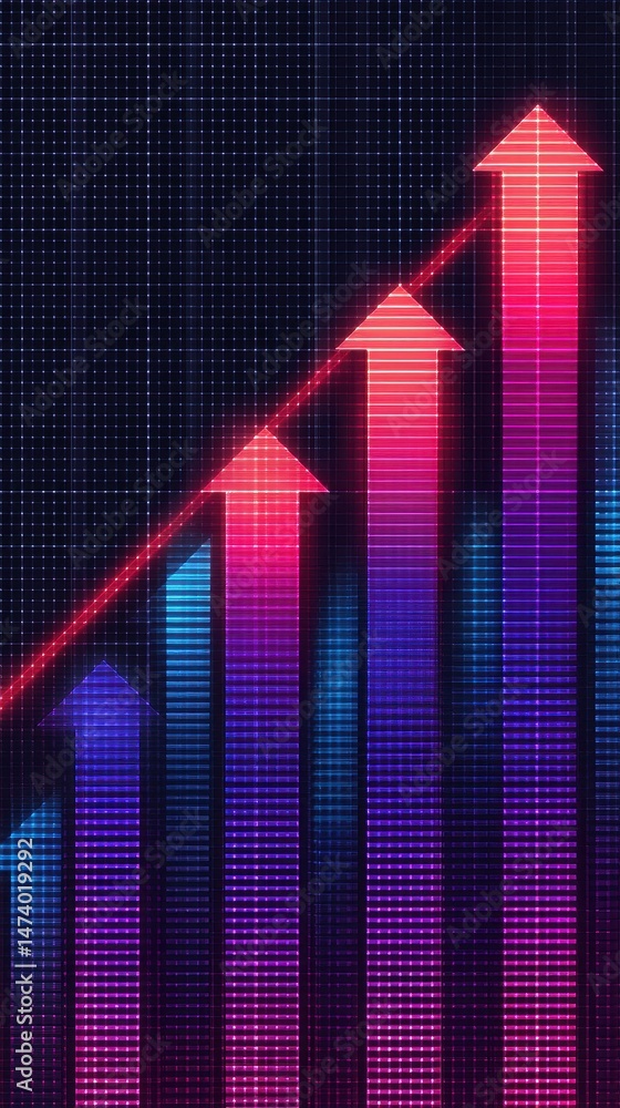 Poster abstract digital graph illustrating growth with colorful arrows indicating upward trends on a grid b