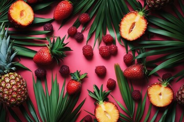 Colorful arrangement of tropical fruits and leaves on a pink background.