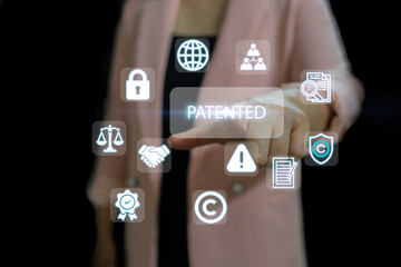 A person in a pink jacket touches a floating digital interface with "PATENTED" at the center surrounded by icons for security, copyright, law, and documents, symbolizing IP and legal protection.