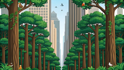 Obraz premium Surreal Skyscrapers with Floating Umbrellas