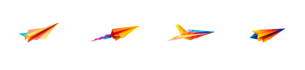 Paper plane shapes, origami style with vibrant colors, cut out transparent