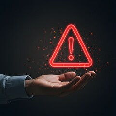 Glowing Red Warning Sign Triangle Held in Hand Dark Background