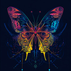 A symmetrical vector butterfly pattern with intricate details, vibrant gradients, and sharp geometric outlines
