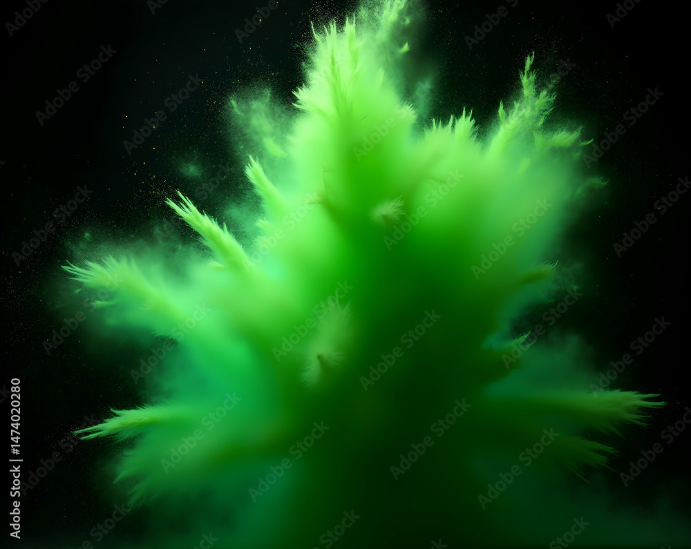 Poster vibrant green powder explosion with intricate details showcases dynamic energy and mesmerizing patte
