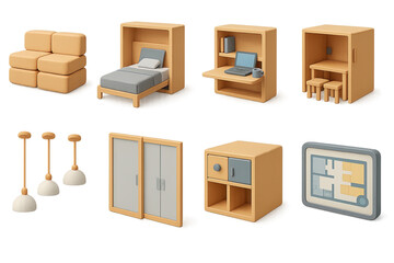 Interior design 3d icons set – furniture, home décor, and layout elements